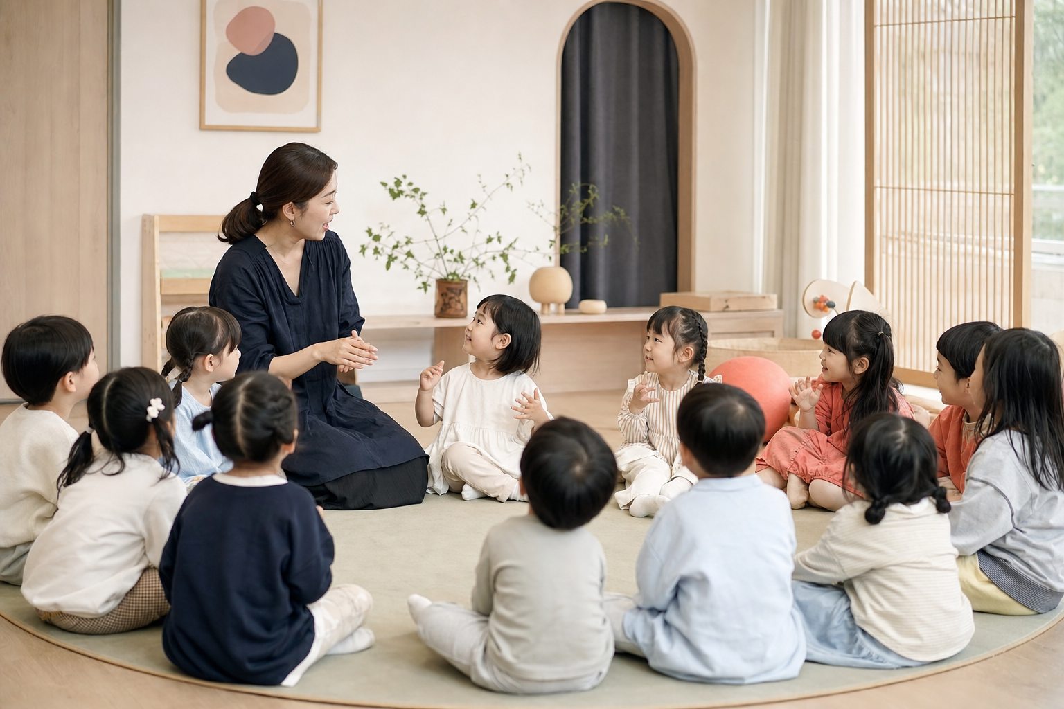 교사가 원으로 앉은 아이들과 이름 리듬을 주고받는 첫 인사 수업 장면