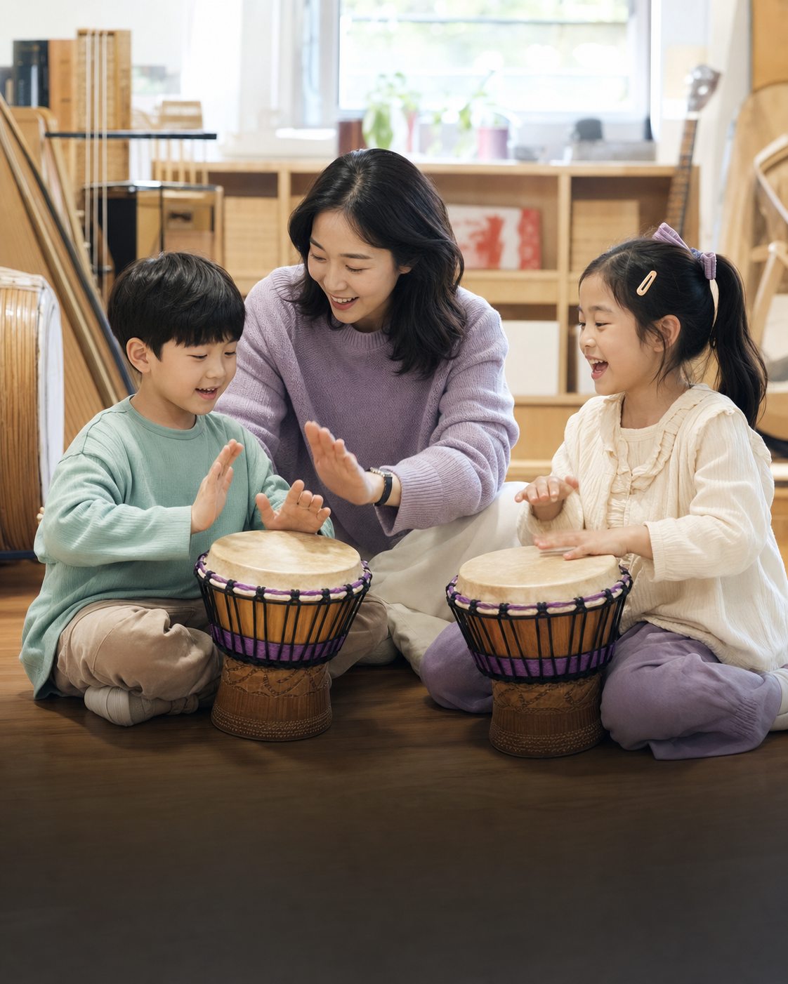 교사와 아이들이 하나의 프레임드럼을 둘러싸고 다양한 소리를 탐색하는 장면