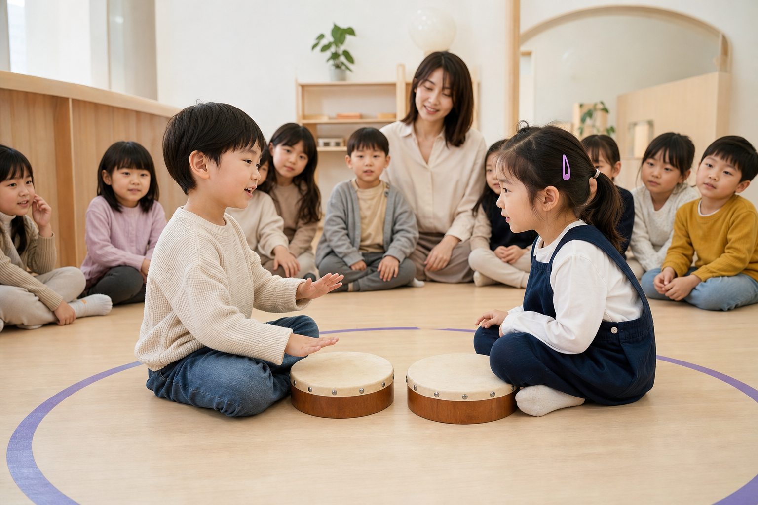 두 아이가 마주 앉아 핸드드럼으로 질문과 대답 리듬을 주고받는 장면