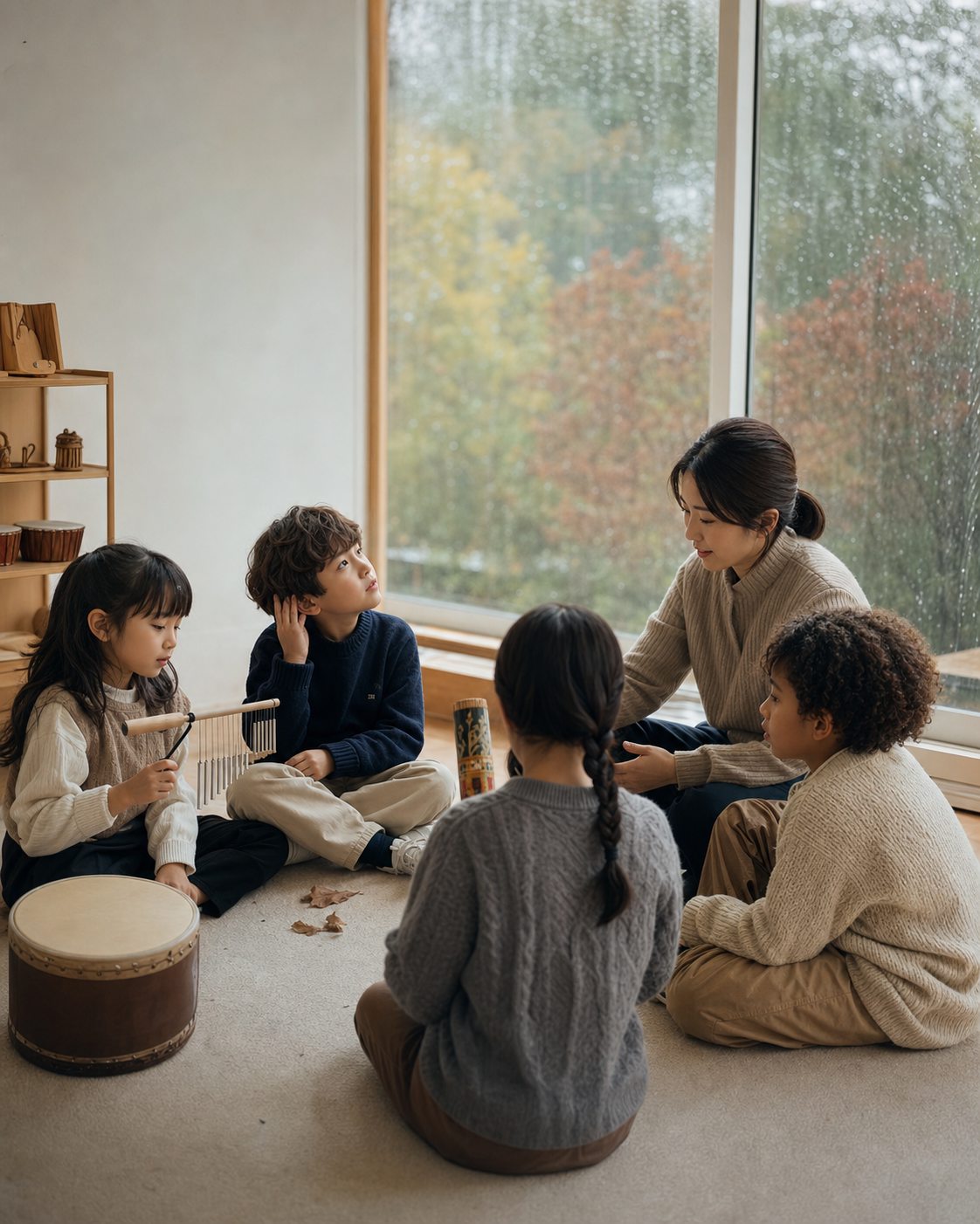 아이들이 차임과 레인스틱으로 비와 바람의 소리를 관찰하는 장면