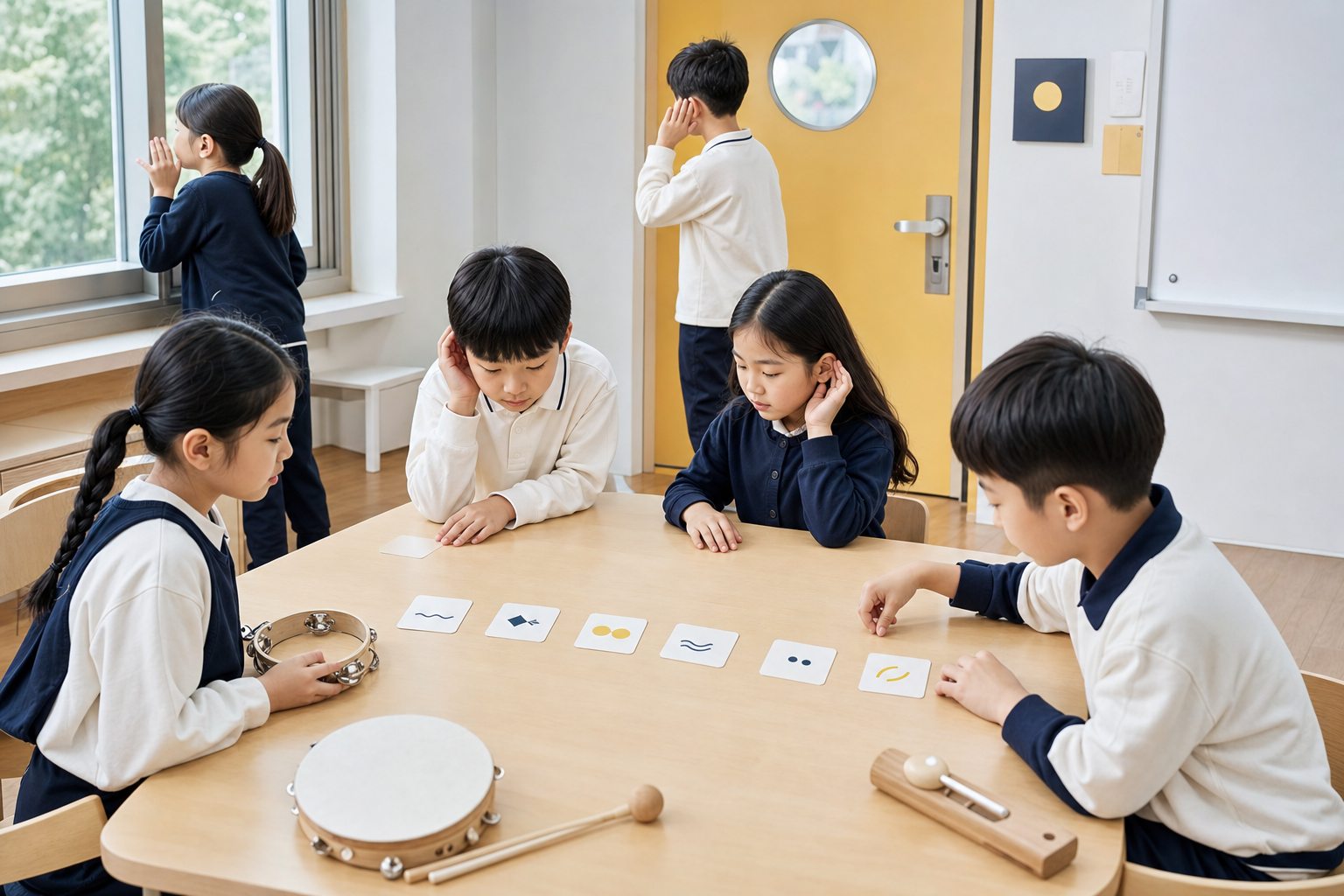 초등학생들이 교실의 여러 소리를 듣고 기호 카드로 순서를 만드는 장면