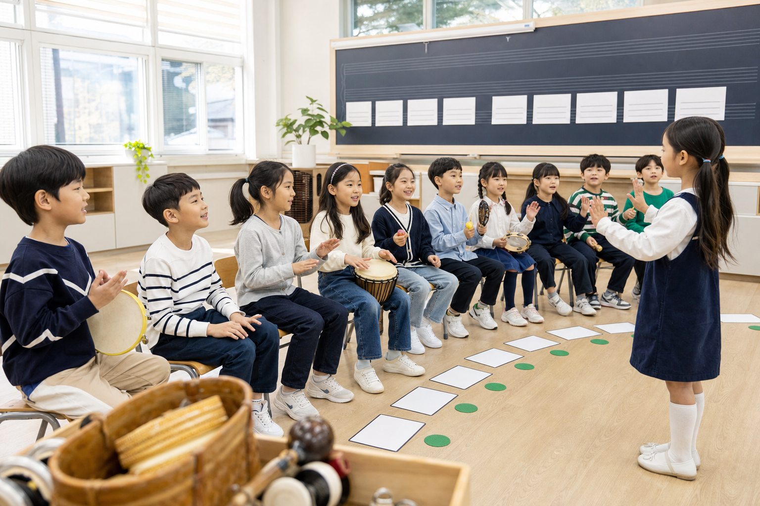 초등학생들이 아동 지휘자의 신호에 따라 타악기 리듬의 빠르기를 바꾸는 장면