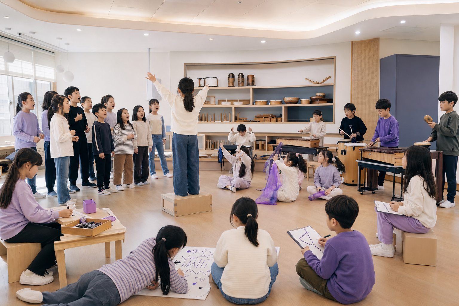 초등학생들이 노래와 타악기, 움직임, 지휘와 기록 역할로 참여하는 통합 음악수업 장면
