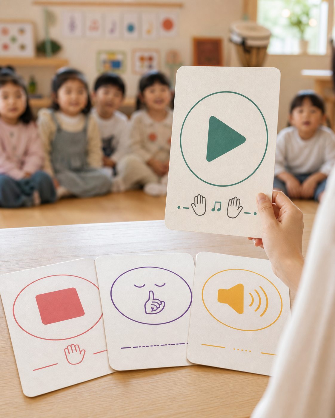 시작·멈춤 신호 카드 — 말 대신 시각·소리 신호로 시작과 끝을 맞춥니다.